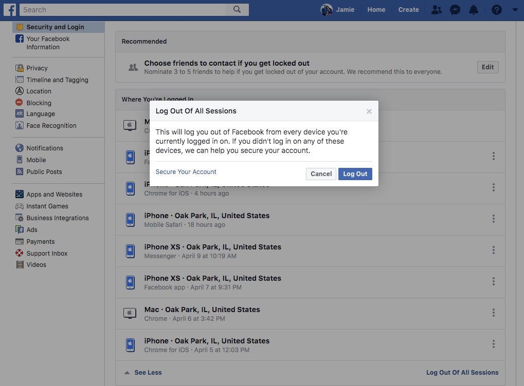 logout facebook from chrome